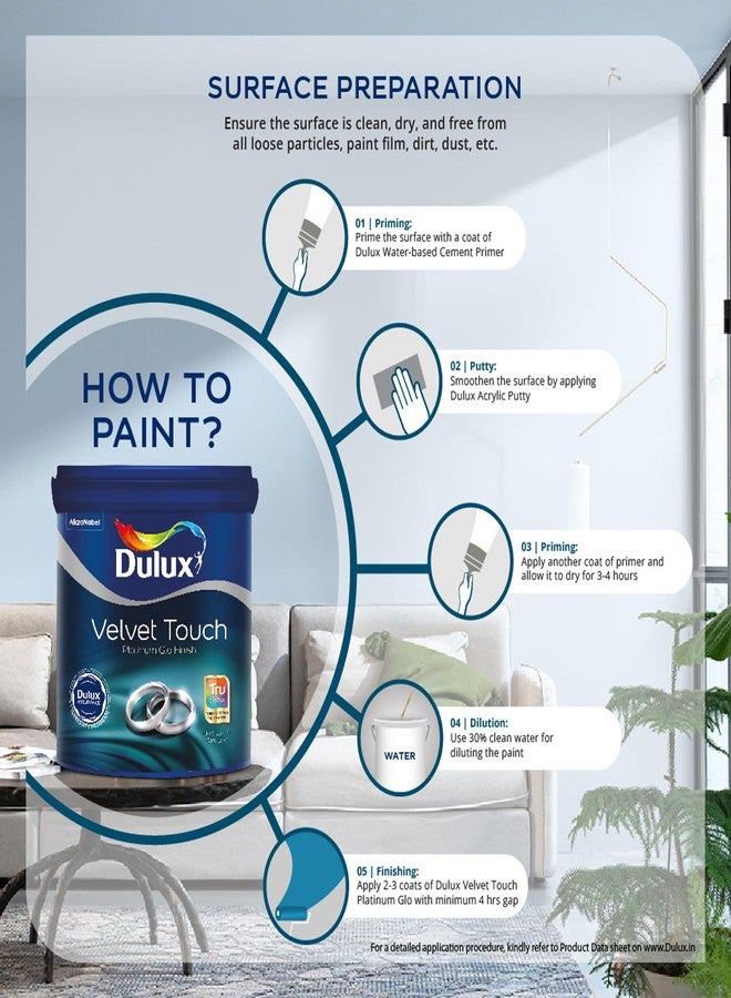 Dulux Platinum Glo Super Premium Interior Emulsion Paint For Walls With 6 Years Warranty| Rich Matte Finish | Dirt & Dust Resistant | Smooth Colors, Tan/Beige(1 Litre,Hudson River Stone) - Image 2